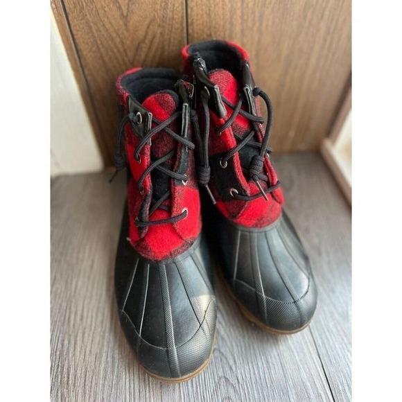 Sperry Buffalo Plaid Duck Boots‎ Red Black Waterproof Winter Ankle Boots - Picture 4 of 7